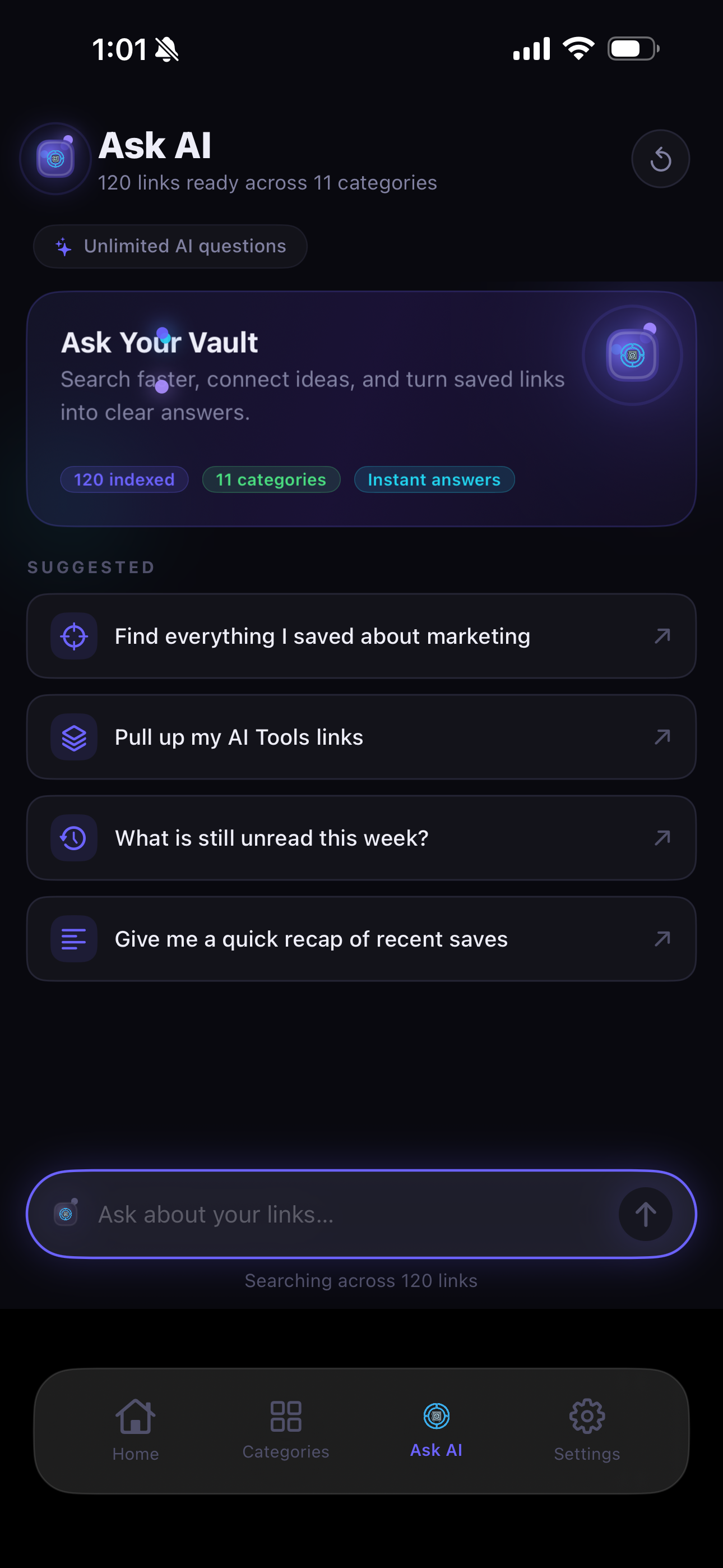iLinkVault AI-powered search interface showing Ask AI feature